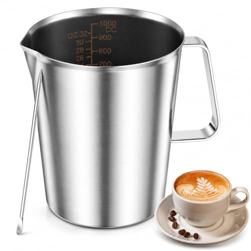 Bicchiere dosatore in acciaio inox, 1000 ml/2000 ml, con manico in scala fine, per caffè, cucina, ristorante (1000 ml)