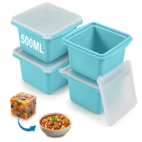 DRADERCH 4 Stück Silikon Gefrierform, 500ml Gefrierbehälter mit Deckel | Extra Große Eiswürfelform, Einfrieren Behälter für Suppe, Brühe & Soße, Suppenwürfel Set, BPA-frei