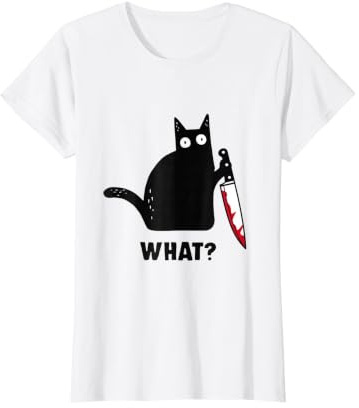 Chat What? Chat Noir Amusant avec Couteau Halloween Chat Noir T-Shirt Graphique avec Valeur