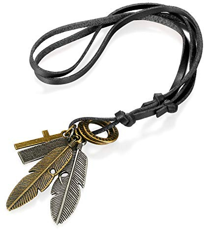 Flongo Damen Halskette Herren Anhänger Lederkette Anhänger Kette Schwarz Braun Feder Blätter Kreuz Schrift Tag Verstellbar Kette Herren-Accessoires