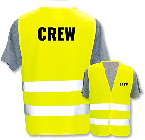 Bedruckte Warnwesten mit ISO-Leuchtstreifen * Standard- oder Reflex-Druck * Thema Sicherheit & Team, Warnweste Begriffe Security:Crew, Farbe + Größe:Gelb (M/L)