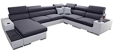 All4All Ecksofa mit Schlaffunktion Piano 358x282 cm – Schlafsofa mit Bettkasten – Wohnlandschaft XXL – Sofa U-Form – Gewebe mit Kunstleder - Groß - Big Sofa - Linke Seite - Grau/Weiß 26
