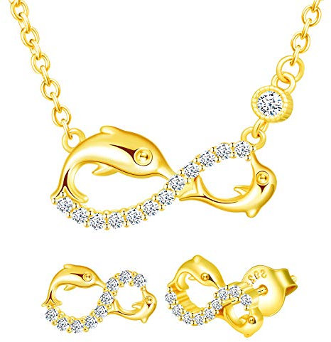 Yumilok Ensemble de bijoux collier et boucles d'oreilles, collier pendentif et clous d'oreilles de dauphin et de symbole de l'infini en argent 925, bijoux pour femme et fille, zircon incrusté, or