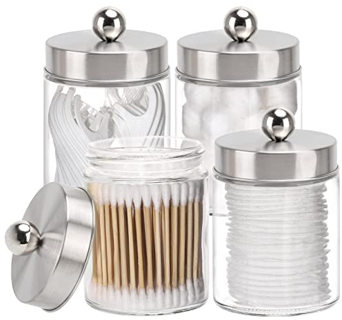 Tbestmax Glass Qtip Holder Dispenser, 10-Ounce Bathroom Containers Apothecary Jars with Metal Lids for Cotton Ball Swab Pad (4 Pack)