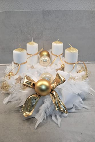 Adventskranz Federn weiß Gold Natur 40 cm künstlich Weihnachten Adventsgesteck