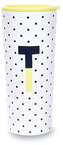 Kate Spade New York Insulated Stainless Steel Initial Tumbler, 24 Ounce Double Wall Travel Cup with Lid, T (Yellow)