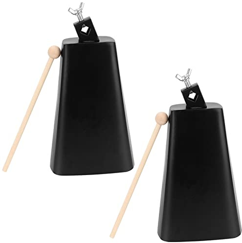 KOHAND 2 Pack 8 Inch Metal Steel Cow Bells, Noise Makers Hand Percussion Cowbell with Stick for Drum Set Percussion Instrument, Sporting Events, Wedding, Football, Black