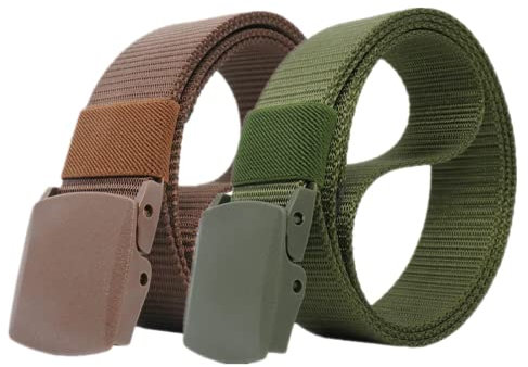 DTKJ 2 Packungen Unisex Nylon Canvas Gürtel für Damen und Herren, Stufenlos verstellbarer Stoffgürtel mit Kunststoffschnalle, Grün / Braun, 110 cm