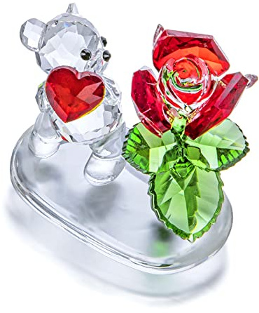 H&D HYALINE & DORA Crystal Bear Figurine With Red Rose,Glass Animal Collectible Ornament For Gift Home Table Decoration Valentines Day Gifts For Her