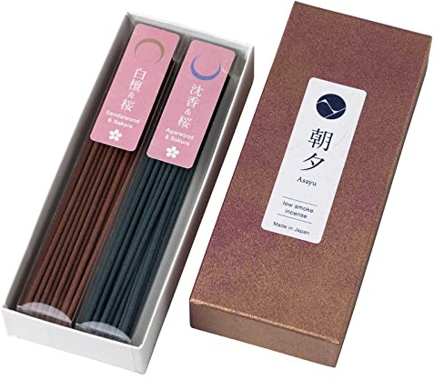 Asayu Japan Räucherstäbchen Sakura mit wenig Rauch, Made in Japan, 40g hochwertiges Doppelpack zur Entspannung, Geschenkset - Premium Sakura Set (Sandelholz & Kirschblüte und Agarholz & Kirschblüte)