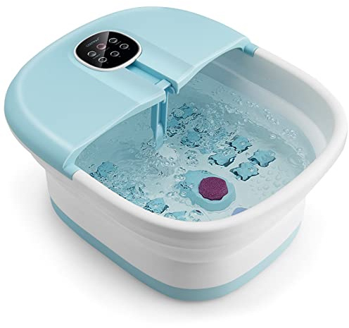 RELAX4LIFE Elektrische Fußmassageräte mit Massage & Heizung, 500W, Fußsprudelbad klappbar mit 16 Shiatsu-Rollen & Pediküre-Bimsstein, 20/60 min. Timer, 41/43/45℃, Fußbad als Geschenk (Hellblau)