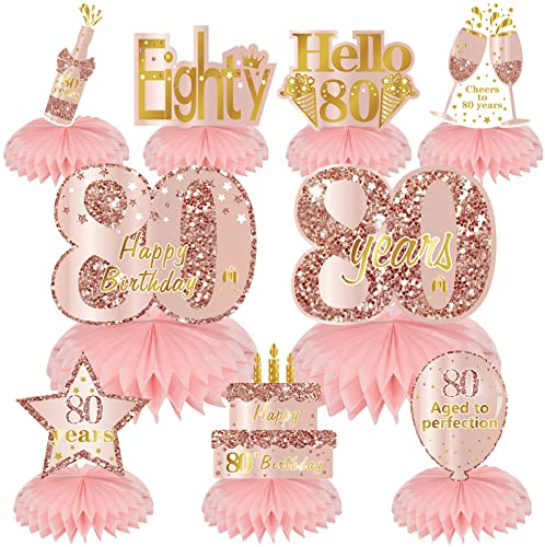 Turypaty Rosa Roségold 80. Geburtstag Wabenaufsätze Dekorationen für Frauen, 9 Stück Happy 80th Birthday Tischaufsätze Partyzubehör, 80. Geburtstag Tischdekoration