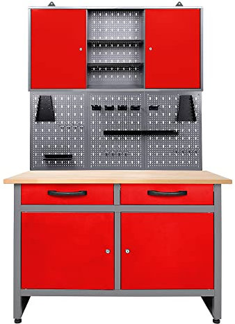 Ondis24 Werkstatteinrichtung rot 3 teilig Werkstatt Werkbank Werzeugschrank Eurolochung Arbeitshöhe 85 cm (Arbeitshöhe 95 cm)
