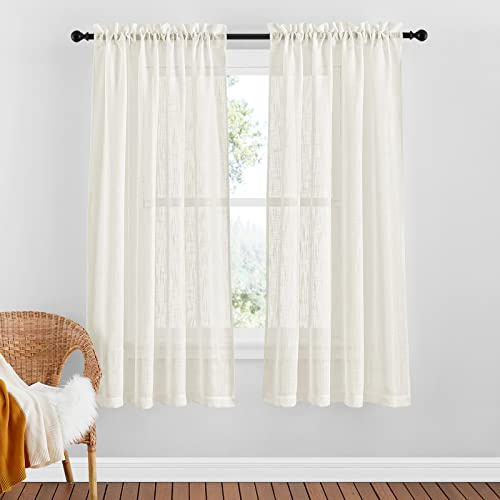 PONY DANCE Cortinas Cortas Translúcidas 2 Piezas - Aspecto de Lino para Salón, Visillos para Ventanas Con Bolsillos de Varilla, 132x160CM, Beige Claro