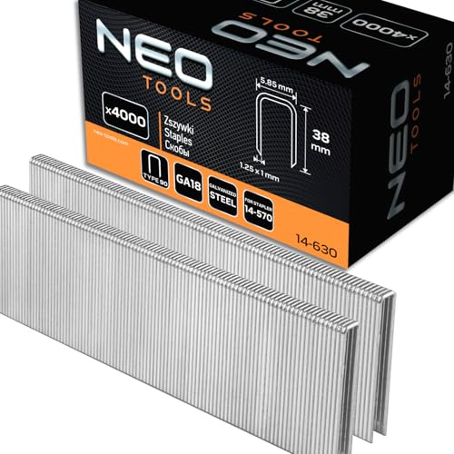 NEO TOOLS Verzinkte Heftklammern für Drucklufthefter (38 mm) | Modell 14-570, GA18, Typ 90 (4K), Länge 10-40 mm, 4000 Stück, Aus Stahldraht, Korrosionsbeständig