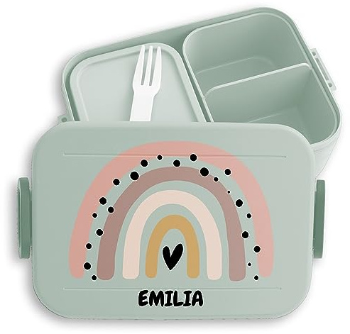 Kinder Bento Box Midi Lunchbox für Mepal Bentobox - Boho Regenbogen Rainbow mit Name - 900 ml - Sage Grün - geschenke kindergarten brotdose mädchen schule personalisierte schulkind bento-lunchbox