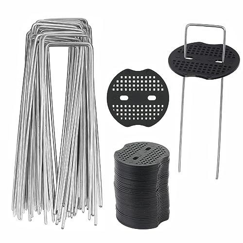 LSRVNM 50 Grapas de Jardín con 50 Arandelas, 150x40x3mm Piquetas Malla Antihierbas, Inoxidable Galvanizados Estacas, Anclajes de Tierra Anclaje Suelo