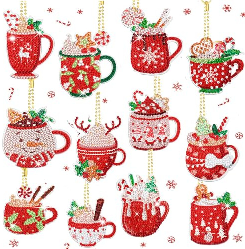 Owlfun 12 Set 5D Diamond Painting Weihnachten, Doppelseitige Kinder Diamanten Malerei, Anhänger und DIY Schlüsselanhänger Mit Heißem Kakao Motiv