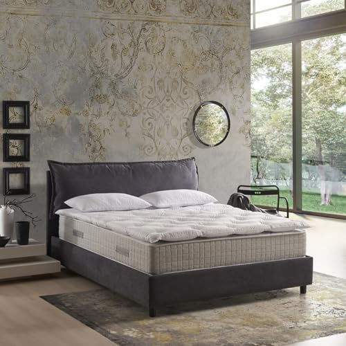 EVERGREENWEB - Mattress 160x200 in WATERFOAM with Topper in Memory Foam Flakes 100% Soft Feather Massage Effect High 32 cm, Orthopaedic Polyurethane Foam, Ergonomic, White Anti-Mite Lining + 2 Pillows