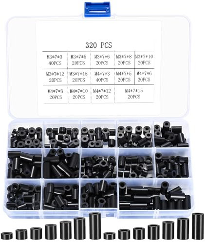 320 Stk Runde Distanzhülsen für M3 M4 Schrauben, Nylon Runde Abstandshalter, Isolierte Distanzscheiben ohne Gewinde Säulen, Isolierung Beilagscheiben, Schwarz ABS Unterlegscheiben Kit