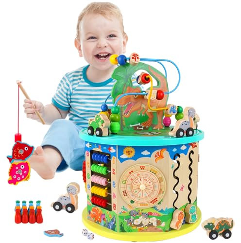 Maycoly Motorikwürfel Aktivitätswürfel aus Holz 12 in 1 Aktivitäts-Center Multifunktional Activity Würfel Baby und Motorikschleife Montessori Spielzeug Holzspielzeug für Kleinkinder ab 1 2 3 Jahre +