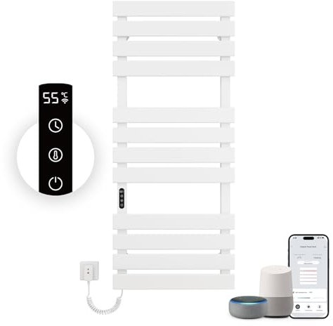 OihPaw Heated Towel Rail,1300x550 mm WiFi Towel Warmer Rail for Bathroom,526W Wall Mounted Electric Towel Rail with Timer and LED Indicator,White Left Electric Heated