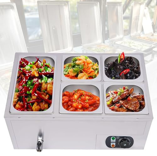 OmePS Scaldavivande Elettrico Commerciale da 1200 W, Scaldavivande a Buffet Bagnomaria a 5 Piastre in Acciaio Inossidabile Tavolo a Vapore con Controllo della Temperatura e Coperchio per Ristoranti