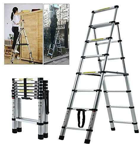 Telescoping Ladder 6+7 Step Ladder Folding A Frame Ladder Multipurpose Portable Aluminum Extension Telescopic Stepadder for RV/Kitchen/Pantry/Closets/Loft/Office, 330 lb Capacity