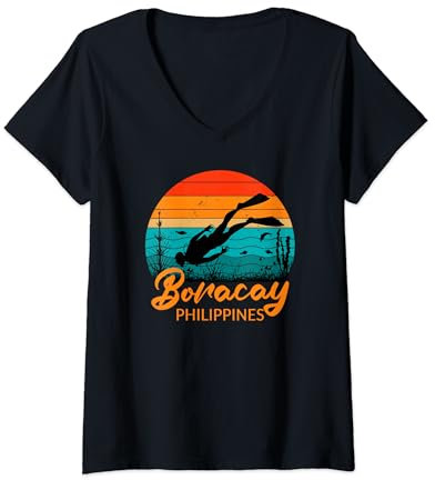 Damen Boracay Philippinen Schnorcheln Tauchen T-Shirt mit V-Ausschnitt