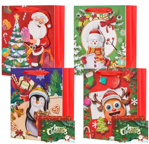 Geschenktüten Weihnachten, 4 Stück Weihnachtstüten Geschenktüte mit Henkel, Geschenk Tüte mit Seidenpapier und Karten, Papiertüten Geschenktasche für Weihnachts Geschenk,Weihnachtsfeier, Klein
