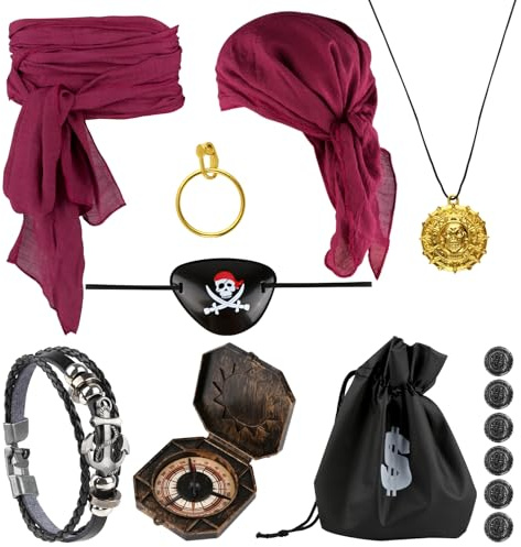 Piratenkostüm Zubehör Set Mit Stirnband, Taillengürtel, Augenklappe, Goldener Ohrring, Armband, Halskette, Kompass, Geldbeutel - Accessoires für Halloween Und Karneval