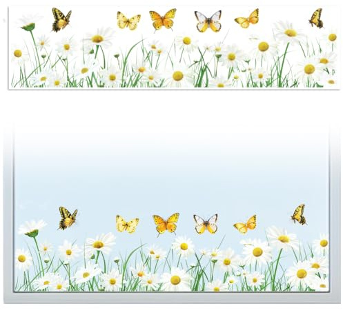 Peacoblue 120x30cm Große Fensteraufkleber Vogelschutz für Glasscheiben Gänseblümchen Und Schmetterlinge Fenstersticker Vogelaufkleber für Fensterscheiben Aufkleber Glasfenster Dekoration
