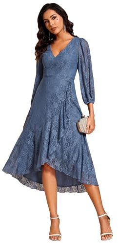 Ever-Pretty Robe Ceremonie Femme Dentelle High Low Col V Manches Longues Midi Soirée Bleu Brume 36
