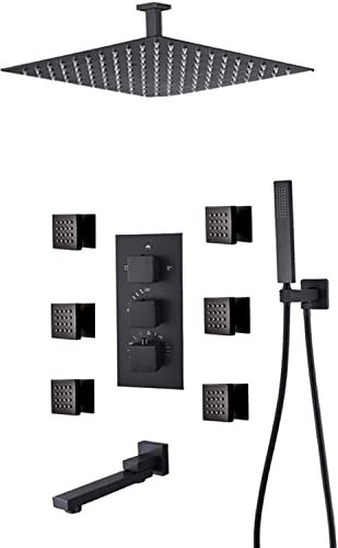 Modernes, mattschwarzes verdecktes Thermostat-Duschset mit 6 Körpersprays Handbrause und 40,6 cm R-Duschkopf, Anti-Verbrühungs-Wandmontage-Design