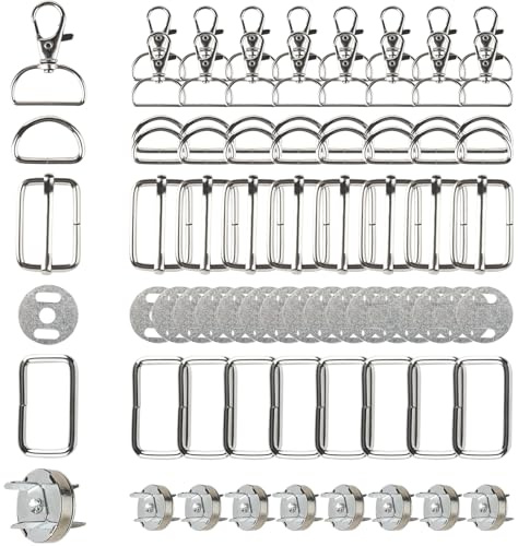 GOTDYBST 56 piezas mosquetón bolsa de mano, costura accesorios de mercerie con imán, hebillas mochila mosquetones giratorios, costura anillos en D, accesorios de costura para mochila, plata,