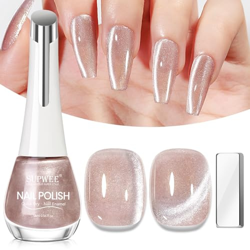 SUPWEE Cat Eye Nagellack, Holografisch Cat Magnetisch Nagellack Helles Rosa | Schnelltrocknend Glitzer Nail Polish Magnet Ohne UV Lampe für Maniküre Home DIY Nail Art