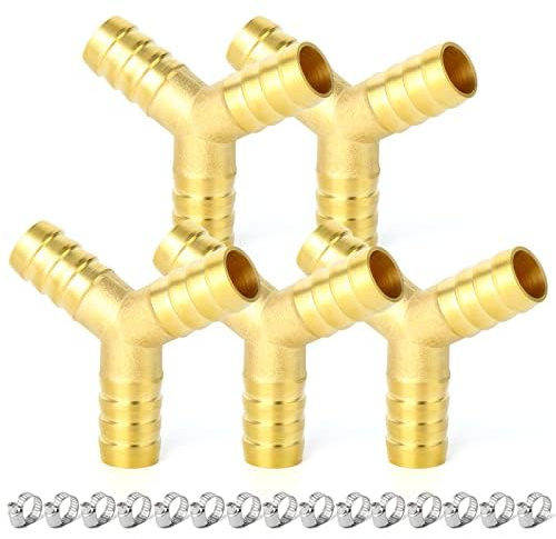 ERGAOBOY 5Pcs Brass 10mm 3-Way Y Shaped Hose Barb Nozzle Fitting | Three way branch, multi directional split, angle fluid distribution, tightening hose fasteners, plumbing design