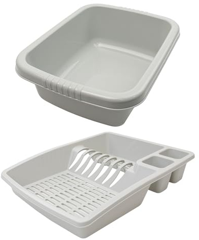 JVL Plastic Dish Drainer and Rectangular Washing Up Bowl Kitchen Set, Grey