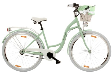 Goetze Style Damen Citybike 26/28 Zoll, Retro Fahrrad mit 3-Gang | 17/18 Zoll Tiefeinsteiger, Shimano Nexus Nabenschaltung mit Rücktritt, LED-Beleuchtung, Rattankorb, Gepäckträger & Klingel