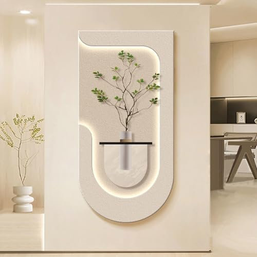 QTQHOME 3D Sandstein Dekor Wandkunst Gemälde, LED-Licht Wandkunst Eingang Foyer Dekorative Malerei, Grüne Pflanze Landschaft 3D Dekorativ für Flur Wohnzimmer (50 cm * 99,8 cm, Beige)