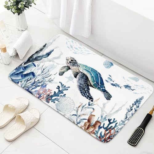 APROPHIC Tapis de salle de bain motif océan avec étoiles de mer, tortue et corail, tapis de bain absorbant, antidérapant et lavable, convient pour les salles de bains, douches et buanderies en bleu 50