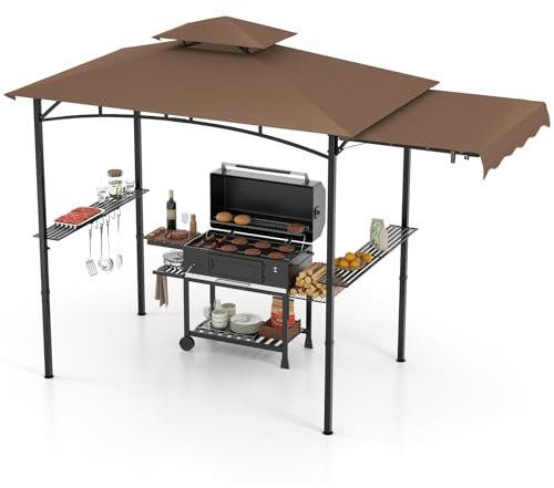 HOMASIS Gazebo per Barbecue con Tettoia Laterale, Pergolato da Giardino con Doppio Tetto, 2 Tavoli e Ganci, Pergola Addossata per Esterno, Gazebo per griglia/BBQ (Marrone, 318 x 153 x 250 cm)