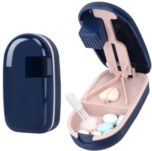Alyvisun Pill Cutter for Small or Large Pills, Portable Pill Splitter & Tablet Cutter, V-Shaped Cutting with Grinding, Auto Slides Out Pill, Safety Blade Guard & Sliding Storage (Blue)