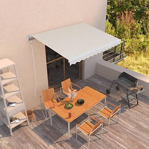 HaoChrymec Markise Einziehbar mit Pulverbeschichtetem Aluminiumrahmen, Sonnenschutz für Balkon, Freistehende Markise, Ideal für Terrasse, Creme, 350x250 cm