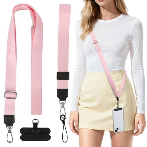 HONZUEN Handykette Universal Lanyard Set, Verstellbare Handy Umhängeband und Handykette Kurz mit 2 Handy-Patches, Kompatibel mit Alle Smartphones für Damen und Herren, Rosa