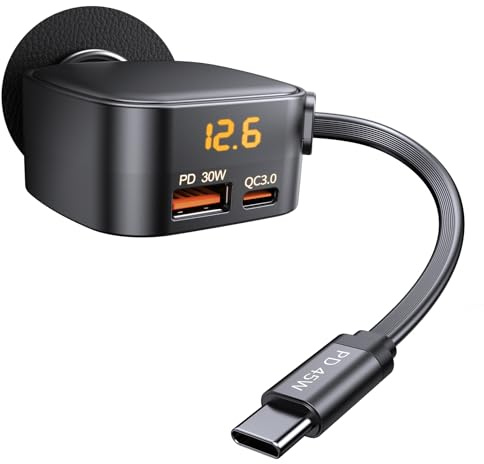 ANEXTIDE Retractable Car Charger USB C, 93W Fast Charging Car Charger Adapter with Voltage Display, [QC3.0 & PD 45W] 12-24V Cigarette Lighter USB Charger Adapter for iPhone 17 16 Galaxy iPad Android