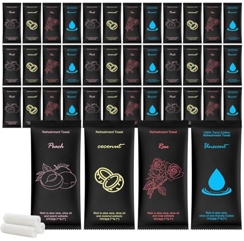 Moist Cotton Towel Bulk Moist Towelettes Individually Wrapped 8.7x 8.7,White Towel Services,Refreshment Pre Moistened Towels Peach,Rose,Coconut and Unscented for Sport Party Spa(pack of 40)