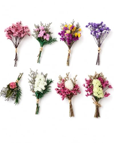 8 pequeños ramos de flores secas, 8 variedades naturales y coloridas en tonos rosa y morado, ideales para scrapbooking, manualidades y decoración de bodas