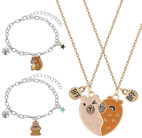 GTNCE Capybara vänskapskedja för 2 flickor magnetisk 4 stycken gyllene, 2 halsband och 2 capybara armband, vattengris BFF-kedjor för 2 barn tonåring gåva jul födelsedag