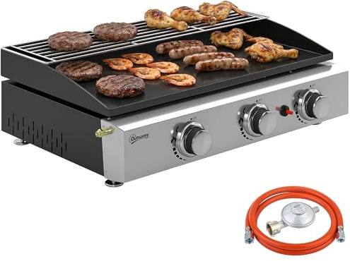Outsunny Barbacoa de Gas BBQ Gas con 3 Quemadores 7,5 kW, Barbacoa Portátil con Plancha, Rejilla Calentadora y Recogedor Grasa, para Camping, Picnic, Terraza, Negro